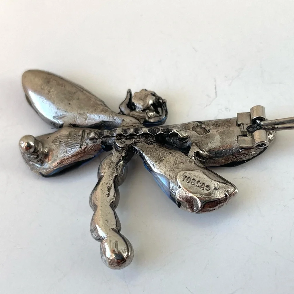 Vintage Gerard Yosca Enamel Dragonfly with Faux Pearls and Faceted Stone Hairpin